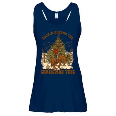 Funny Cowboy Horsing Rocking Around Christmas Tree Western Ladies Essential Flowy Tank