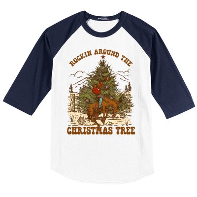 Funny Cowboy Horsing Rocking Around Christmas Tree Western Baseball Sleeve Shirt