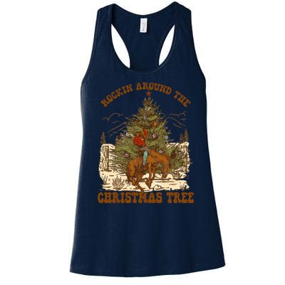 Funny Cowboy Horsing Rocking Around Christmas Tree Western Women's Racerback Tank