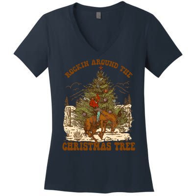 Funny Cowboy Horsing Rocking Around Christmas Tree Western Women's V-Neck T-Shirt