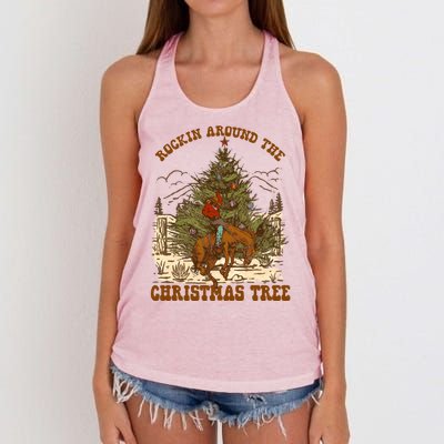 Funny Cowboy Horsing Rocking Around Christmas Tree Western Women's Knotted Racerback Tank