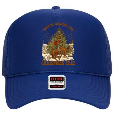 Funny Cowboy Horsing Rocking Around Christmas Tree Western High Crown Mesh Back Trucker Hat