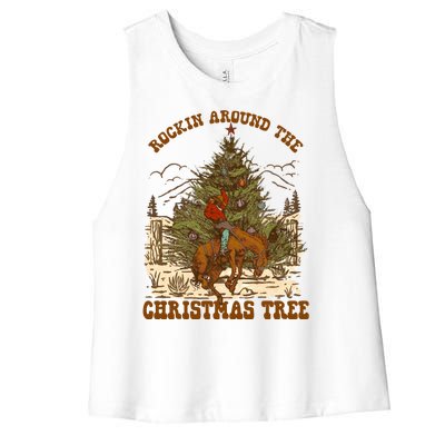 Funny Cowboy Horsing Rocking Around Christmas Tree Western Women's Racerback Cropped Tank