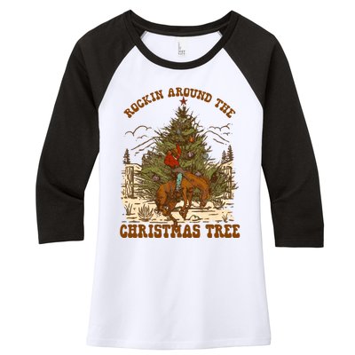 Funny Cowboy Horsing Rocking Around Christmas Tree Western Women's Tri-Blend 3/4-Sleeve Raglan Shirt