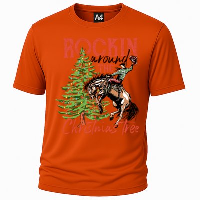 Funny Cowboy Horsing Rocking Around Christmas Tree Western Cooling Performance Crew T-Shirt