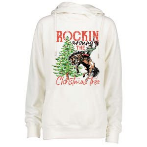 Funny Cowboy Horsing Rocking Around Christmas Tree Western Womens Funnel Neck Pullover Hood