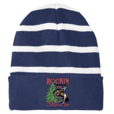 Funny Cowboy Horsing Rocking Around Christmas Tree Western Striped Beanie with Solid Band