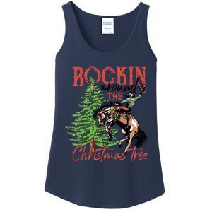 Funny Cowboy Horsing Rocking Around Christmas Tree Western Ladies Essential Tank