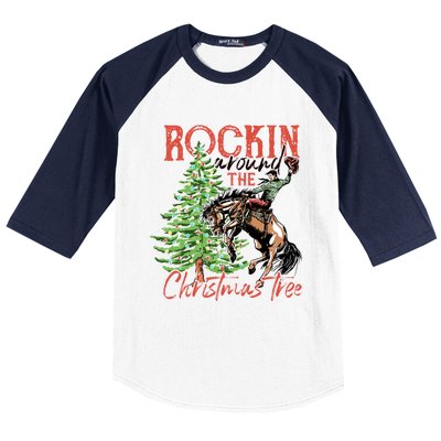 Funny Cowboy Horsing Rocking Around Christmas Tree Western Baseball Sleeve Shirt