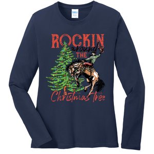 Funny Cowboy Horsing Rocking Around Christmas Tree Western Ladies Long Sleeve Shirt