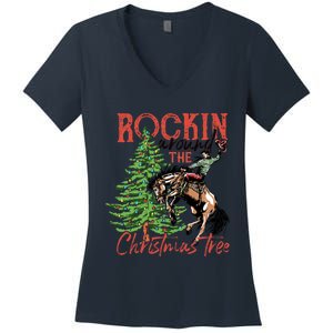 Funny Cowboy Horsing Rocking Around Christmas Tree Western Women's V-Neck T-Shirt