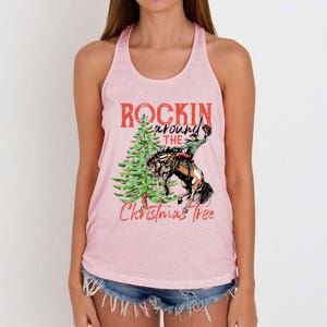 Funny Cowboy Horsing Rocking Around Christmas Tree Western Women's Knotted Racerback Tank