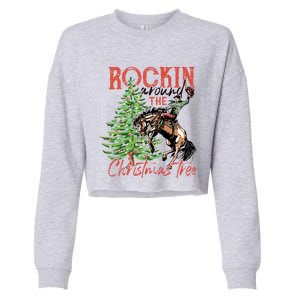 Funny Cowboy Horsing Rocking Around Christmas Tree Western Cropped Pullover Crew