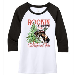 Funny Cowboy Horsing Rocking Around Christmas Tree Western Women's Tri-Blend 3/4-Sleeve Raglan Shirt