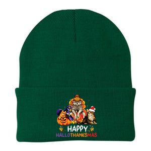 Funny Cat Happy Hallothanksmas Halloween Christmas Knit Cap Winter Beanie