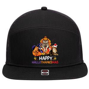 Funny Cat Happy Hallothanksmas Halloween Christmas 7 Panel Mesh Trucker Snapback Hat