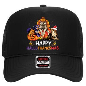 Funny Cat Happy Hallothanksmas Halloween Christmas High Crown Mesh Back Trucker Hat