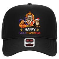 Funny Cat Happy Hallothanksmas Halloween Christmas High Crown Mesh Back Trucker Hat