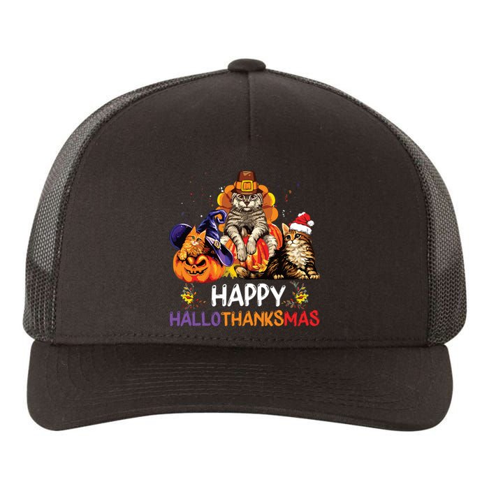 Funny Cat Happy Hallothanksmas Halloween Christmas Yupoong Adult 5-Panel Trucker Hat