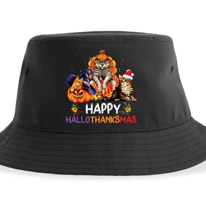 Funny Cat Happy Hallothanksmas Halloween Christmas Sustainable Bucket Hat