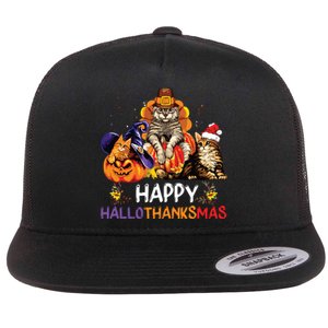 Funny Cat Happy Hallothanksmas Halloween Christmas Flat Bill Trucker Hat