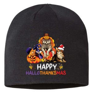 Funny Cat Happy Hallothanksmas Halloween Christmas Sustainable Beanie