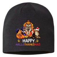 Funny Cat Happy Hallothanksmas Halloween Christmas Sustainable Beanie