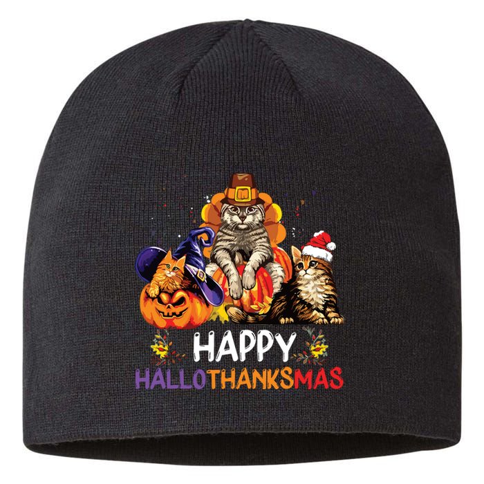 Funny Cat Happy Hallothanksmas Halloween Christmas Sustainable Beanie