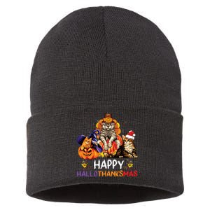 Funny Cat Happy Hallothanksmas Halloween Christmas Sustainable Knit Beanie