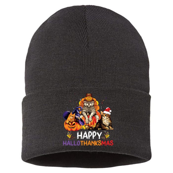 Funny Cat Happy Hallothanksmas Halloween Christmas Sustainable Knit Beanie