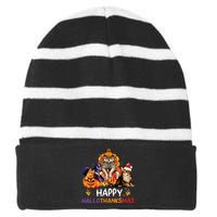 Funny Cat Happy Hallothanksmas Halloween Christmas Striped Beanie with Solid Band