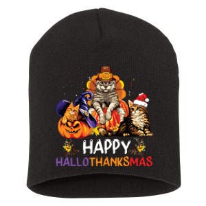 Funny Cat Happy Hallothanksmas Halloween Christmas Short Acrylic Beanie