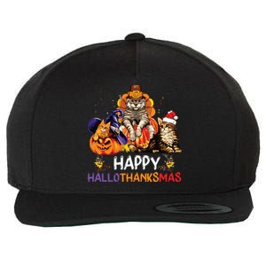 Funny Cat Happy Hallothanksmas Halloween Christmas Wool Snapback Cap