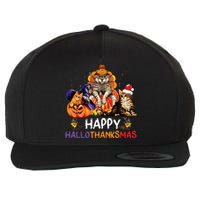 Funny Cat Happy Hallothanksmas Halloween Christmas Wool Snapback Cap