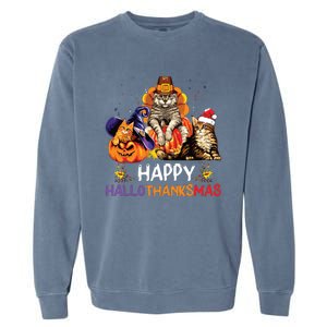 Funny Cat Happy Hallothanksmas Halloween Christmas Garment-Dyed Sweatshirt