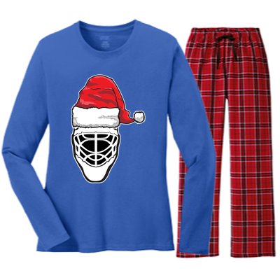 Funny Christmas Hockey Goalie Mask Santa Hat Xmas Gift Women's Long Sleeve Flannel Pajama Set 