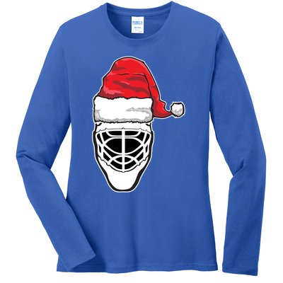 Funny Christmas Hockey Goalie Mask Santa Hat Xmas Gift Ladies Long Sleeve Shirt