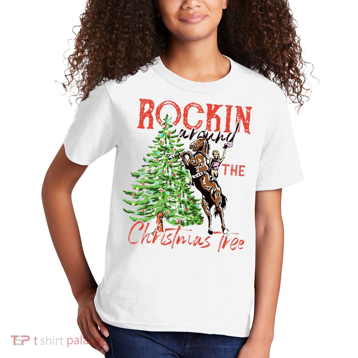 Funny Cowgirl Horsing Rocking Around Christmas Tree Western Kids T-Shirt