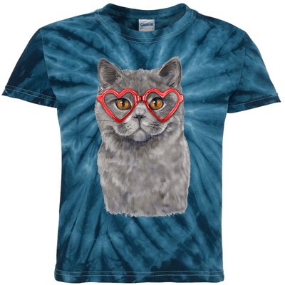 Funny Cat Heart Glasses Valentines Day British Shorthair Kids Tie-Dye T-Shirt