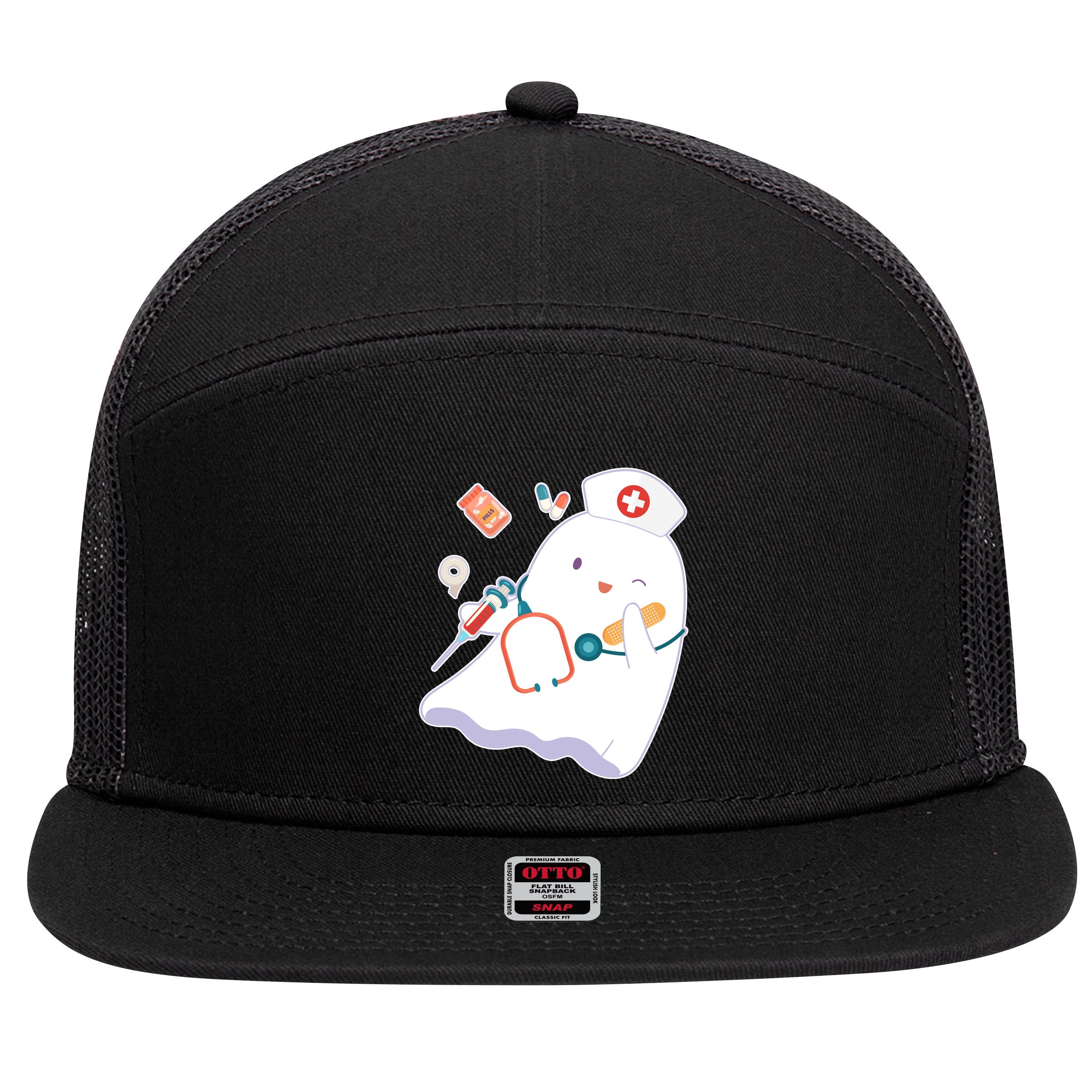 Funny Cute Halloween Nurse Ghost 7 Panel Mesh Trucker Snapback Hat