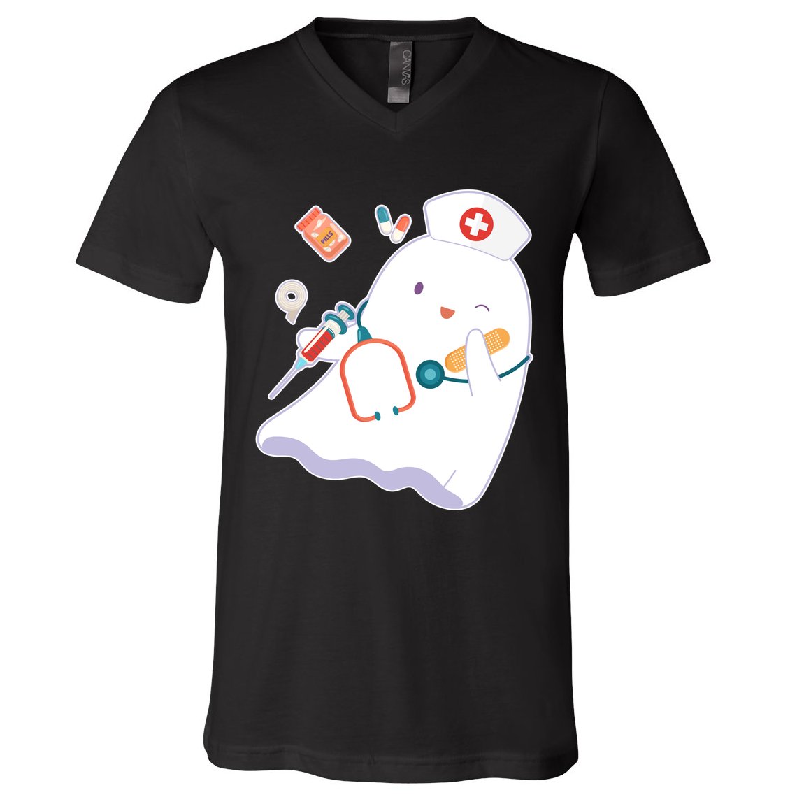 Funny Cute Halloween Nurse Ghost V-Neck T-Shirt