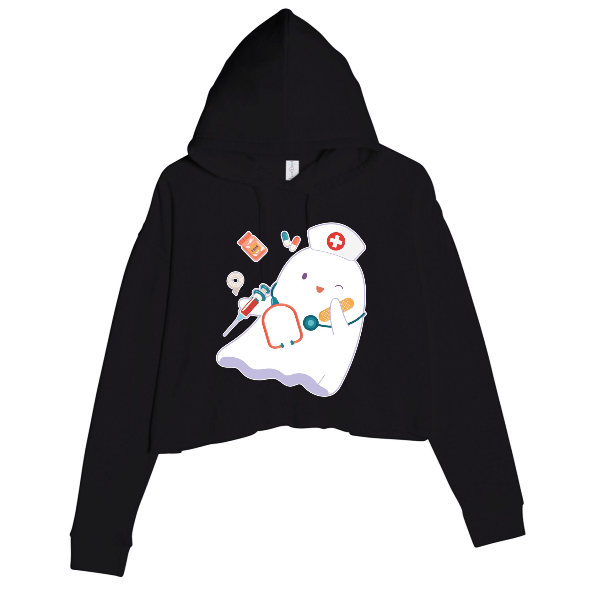 Funny Cute Halloween Nurse Ghost Crop Fleece Hoodie