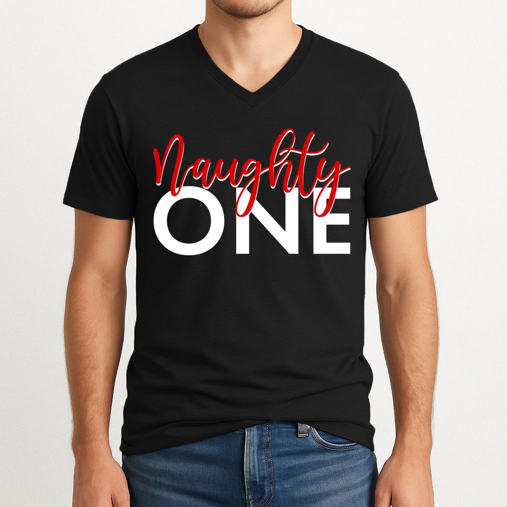 Funny Christmas Holiday Matching Shirt Naughty One V-Neck T-Shirt