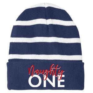 Funny Christmas Holiday Matching Shirt Naughty One Striped Beanie with Solid Band