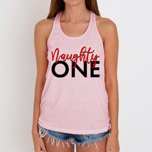 Funny Christmas Holiday Matching Shirt Naughty One Women's Knotted Racerback Tank