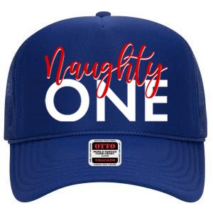 Funny Christmas Holiday Matching Shirt Naughty One High Crown Mesh Back Trucker Hat