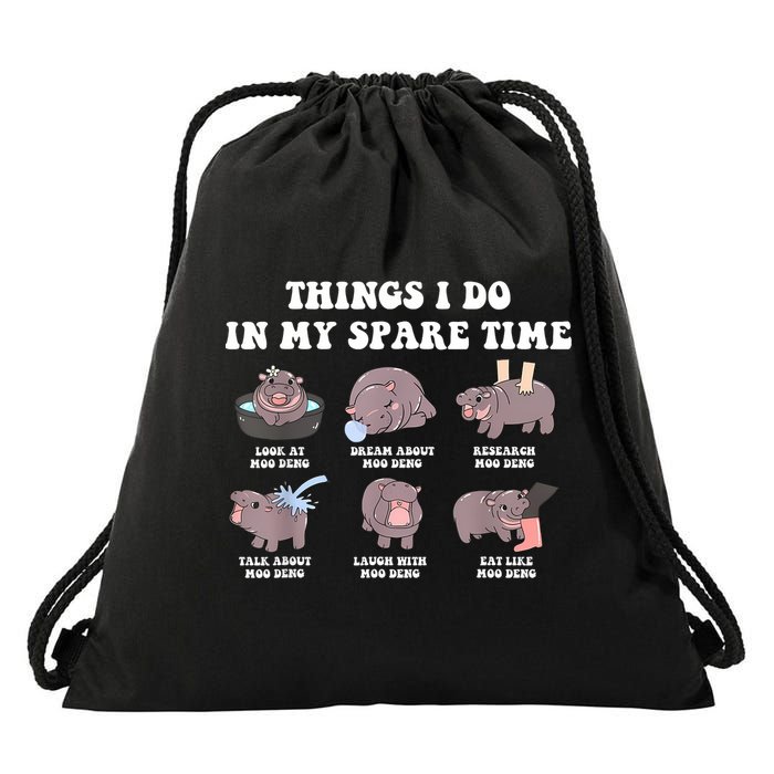 Funny Cute Hippo Moo Deng Things I Do In My Spare Time Meme Drawstring Bag