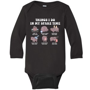 Funny Cute Hippo Moo Deng Things I Do In My Spare Time Meme Baby Long Sleeve Bodysuit