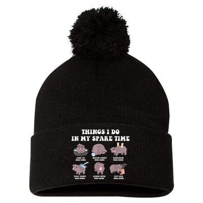 Funny Cute Hippo Moo Deng Things I Do In My Spare Time Meme Pom Pom 12in Knit Beanie