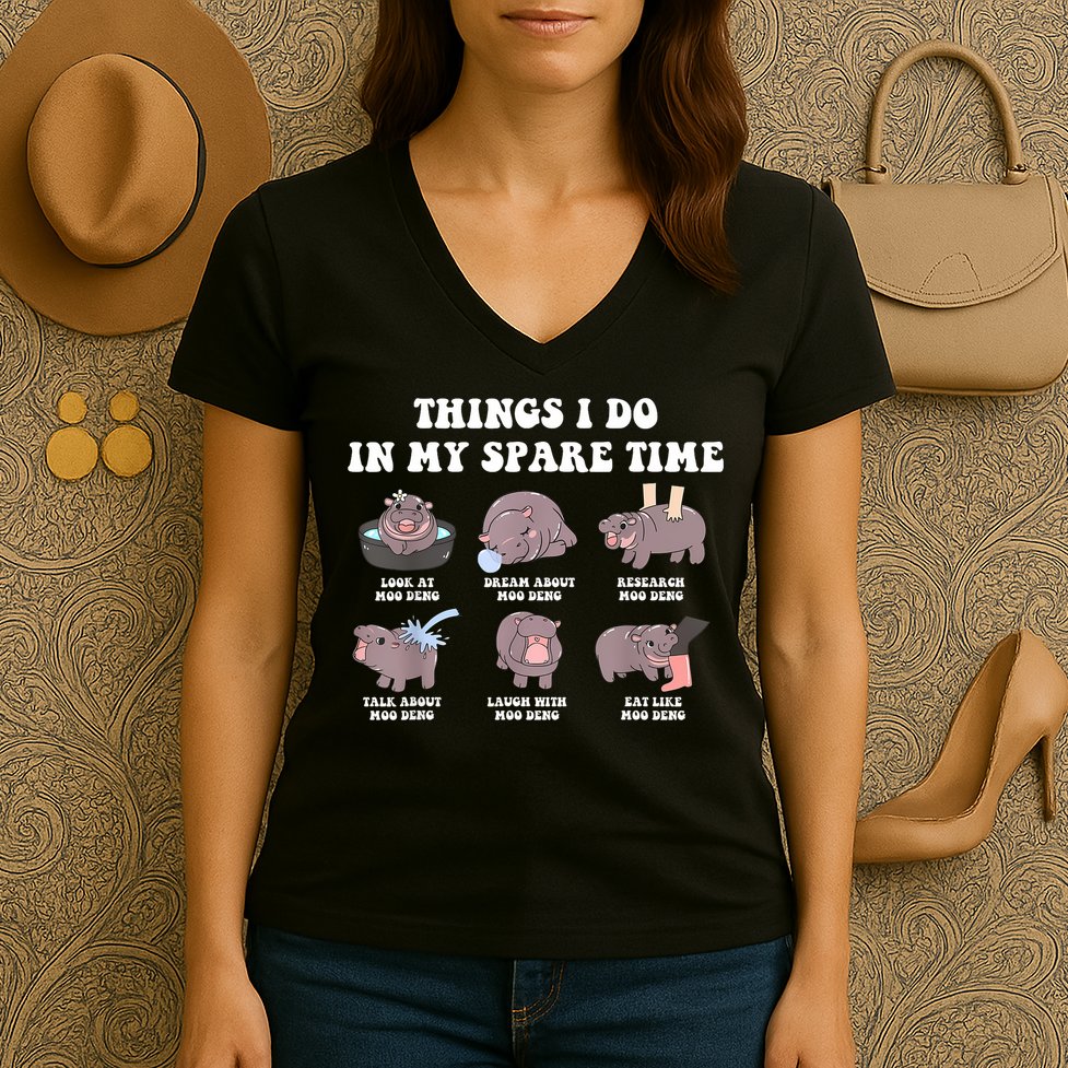 Funny Cute Hippo Moo Deng Things I Do In My Spare Time Meme Women's V-Neck T-Shirt